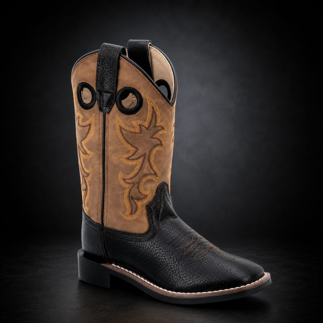 Children's Black / Light Brown Shaft Wide Square Toe Western Boot | KIDS 192