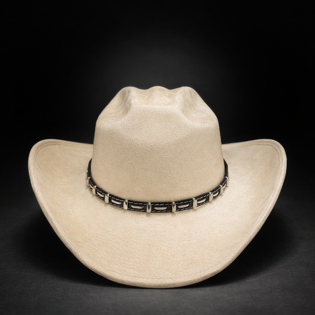 Beige cowboy hat with a black band on a black background