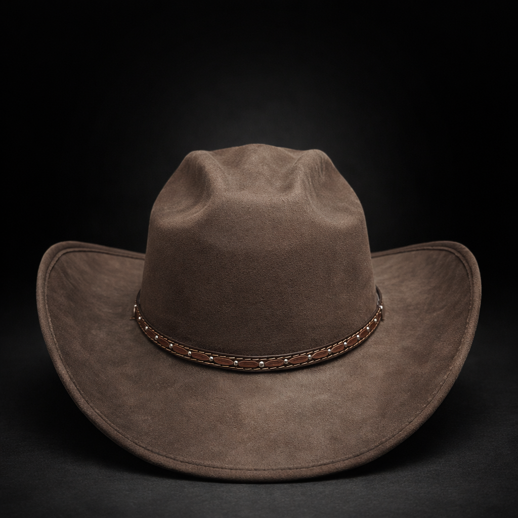 Brown cowboy hat with a decorative band on a black background