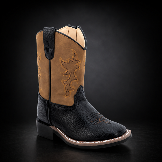 Toddler Black Foot / Light Brown Shaft Wide Square Toe Western Boot | TODD 092
