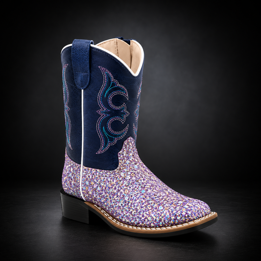 Toddler Sparkling Purple / Blue Shaft Wide Square Toe Western Boot | TODD 083