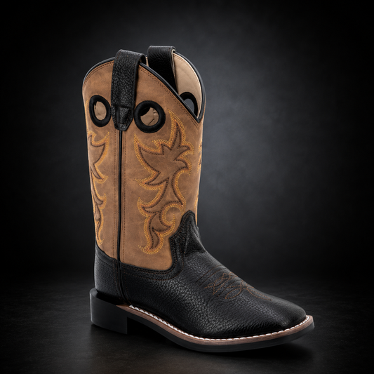 Children's Black /  Light Brown Shaft Wide Square Toe Western Boot | KIDS 192