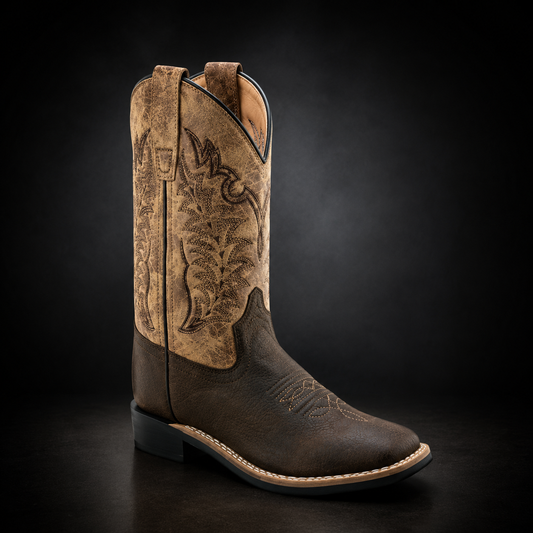 Children's Brown / Vintage Tan Shaft Wide Square Toe Western Boot | KIDS 180