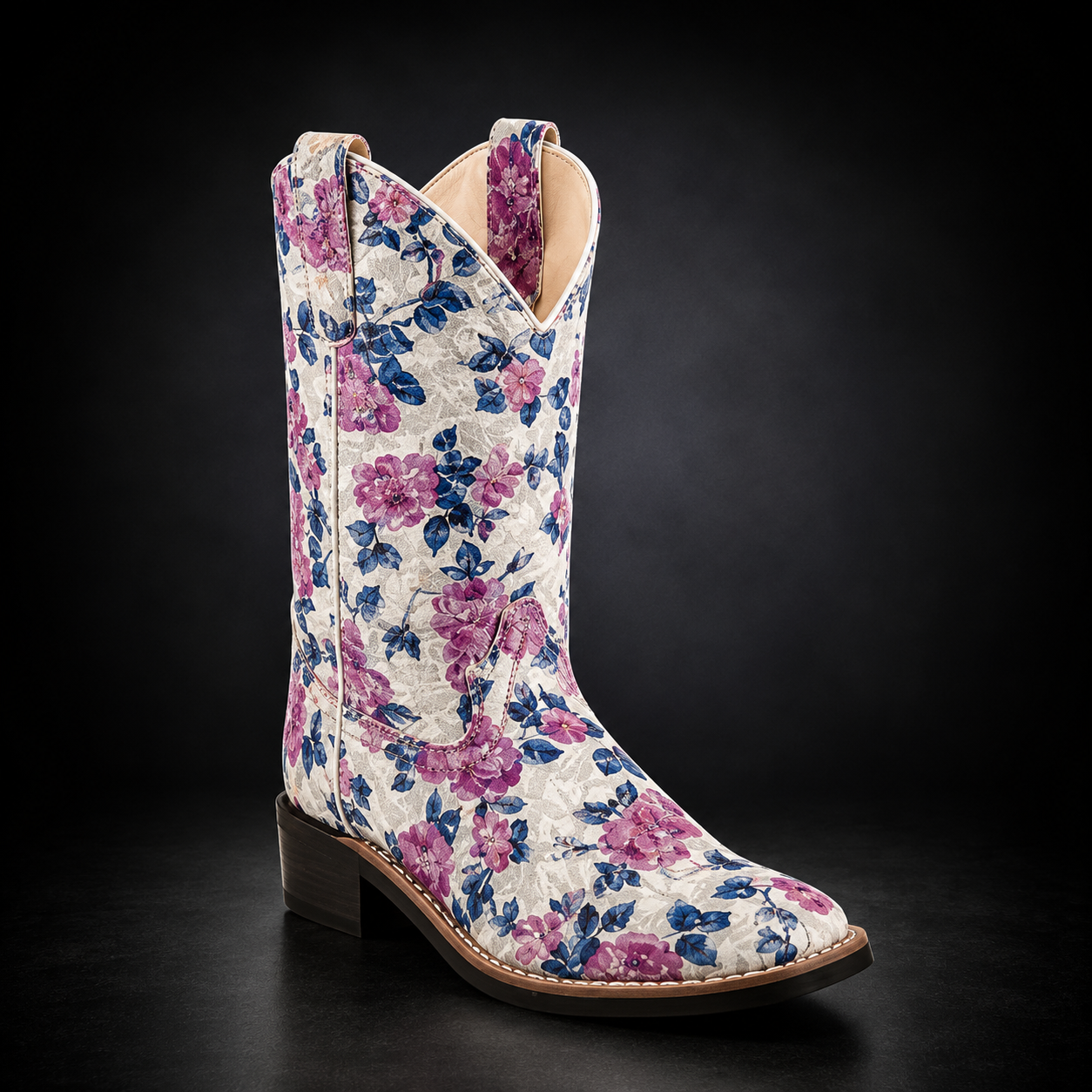 Children's Flower Print Wide Square Toe Western Boot | KIDS 151