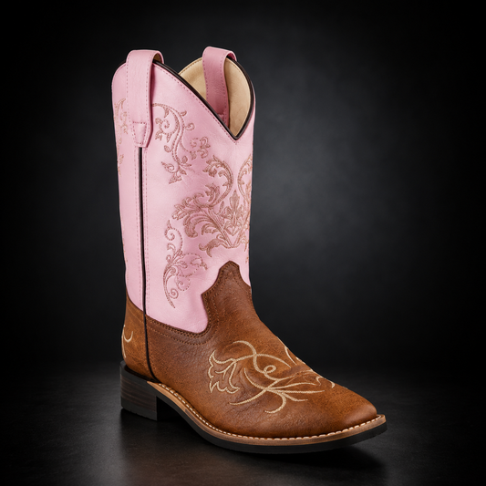 Children's Vintage Tan / Pink Shaft Wide Square Toe Western Boot | KIDS 145