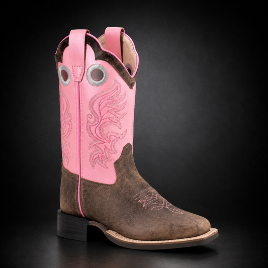 Children & Youth Olive / Metallic Pink Shaft Wide Square Toe Western Boot | WILD 991