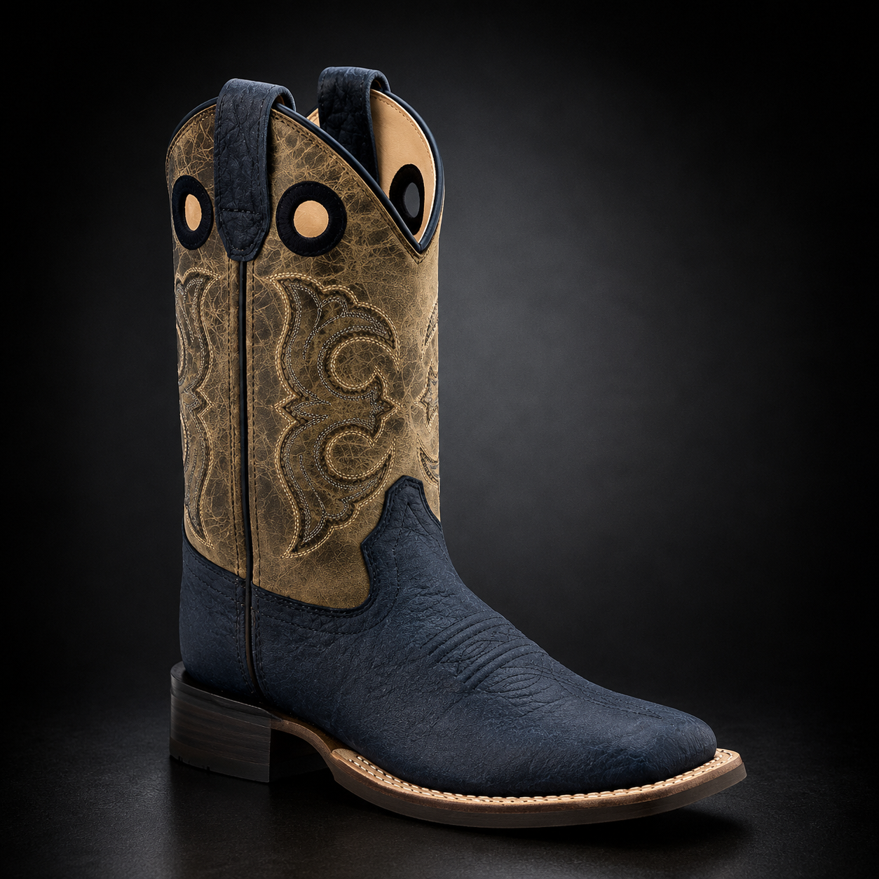 Children & Youth Black Bull Hide / Cactus Brown Shaft Wide Square Toe Western Boot | WILD 966