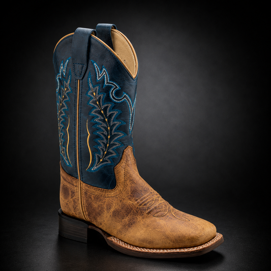 Children & Youth Burnt Brown / Cactus Navy Shaft Wide Square Toe Western Boot | WILD 960