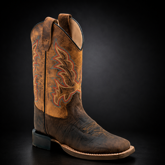 Children & Youth Dark Brown / Burnt Brown Shaft Wide Square Toe Western Boot | WILD 955