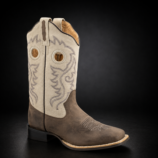 Woman's Chocolate Brown/Vintage White Shaft Wide Square Toe Western Boot | WEST 8174