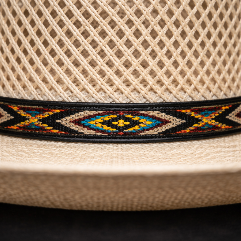 Close-up of a woven hat with a colorful band featuring geometric patterns.