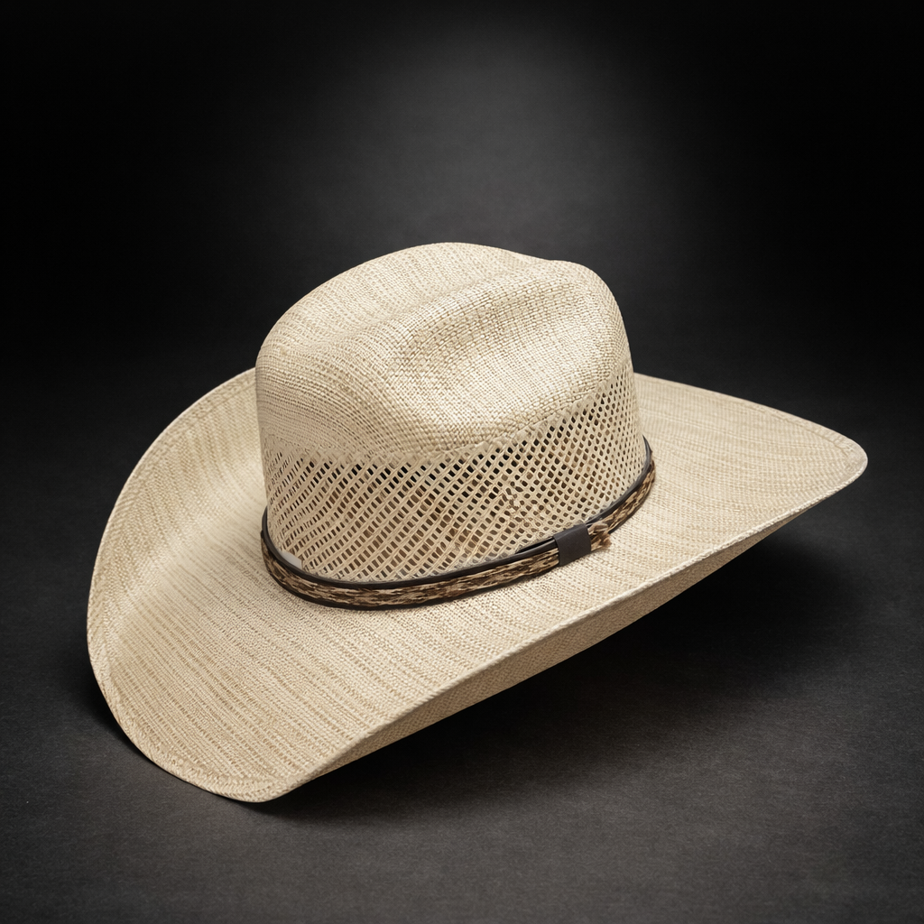 Beige cowboy hat with a brown band on a black background