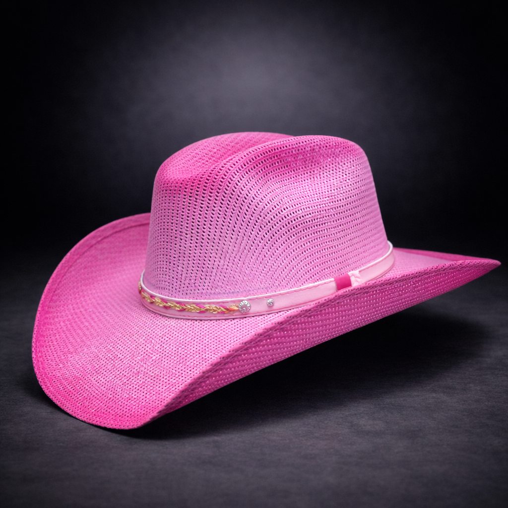 Wild Wild West | Kids Cuadrillé Straw Pink Cowboy Hat | Bolona Crown