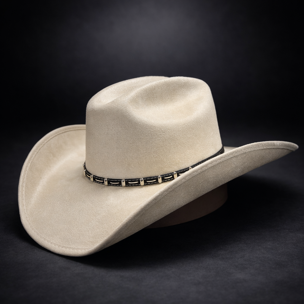 Beige cowboy hat with a decorative band on a black background