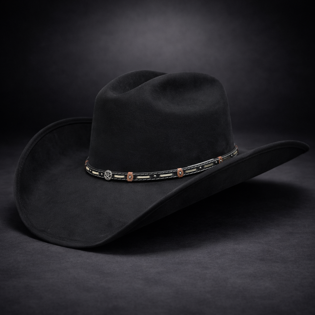 Black cowboy hat with decorative band on a dark background