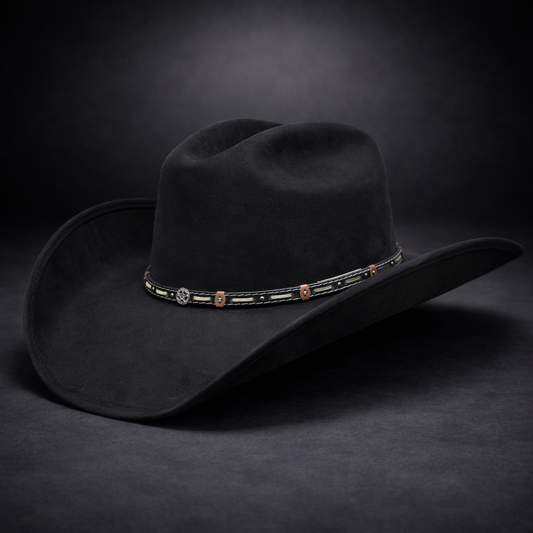 Black cowboy hat with decorative band on a dark background