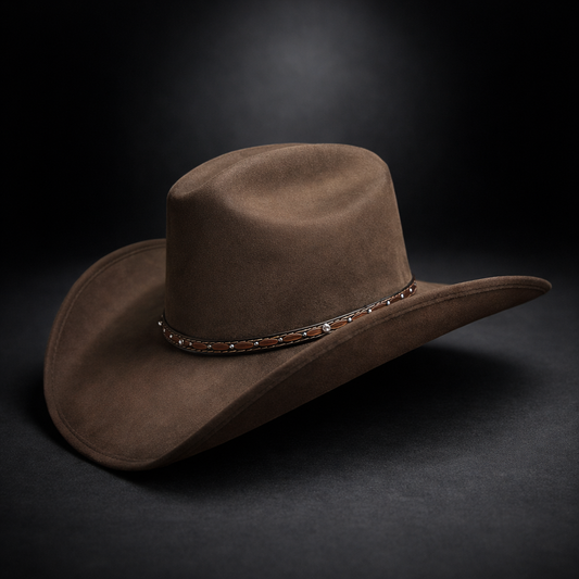 Brown cowboy hat with a decorative band on a dark background