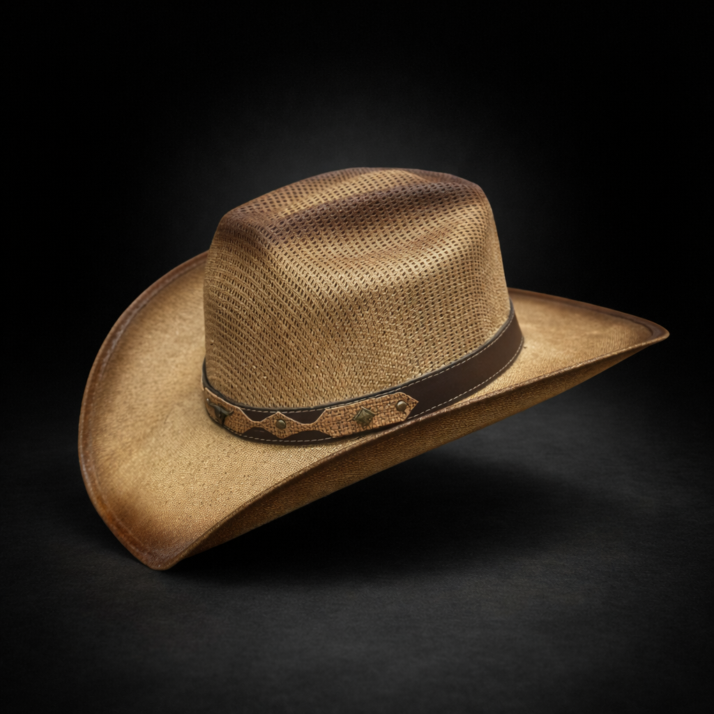Brown cowboy hat with a dark band on a black background