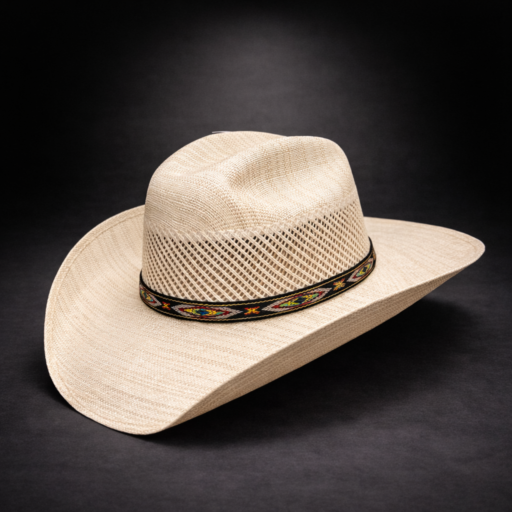 Beige cowboy hat with decorative band on a black background