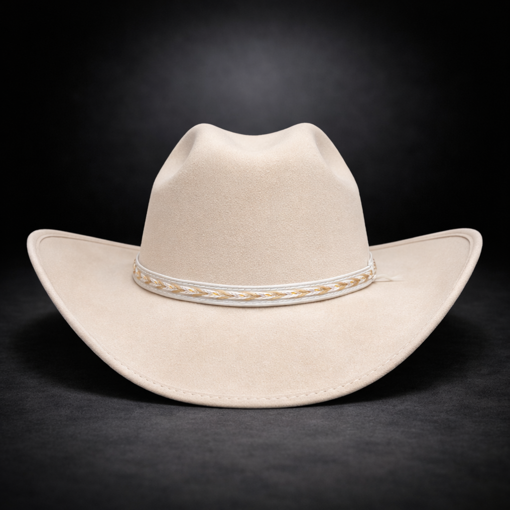 Beige cowboy hat with decorative band on a black background