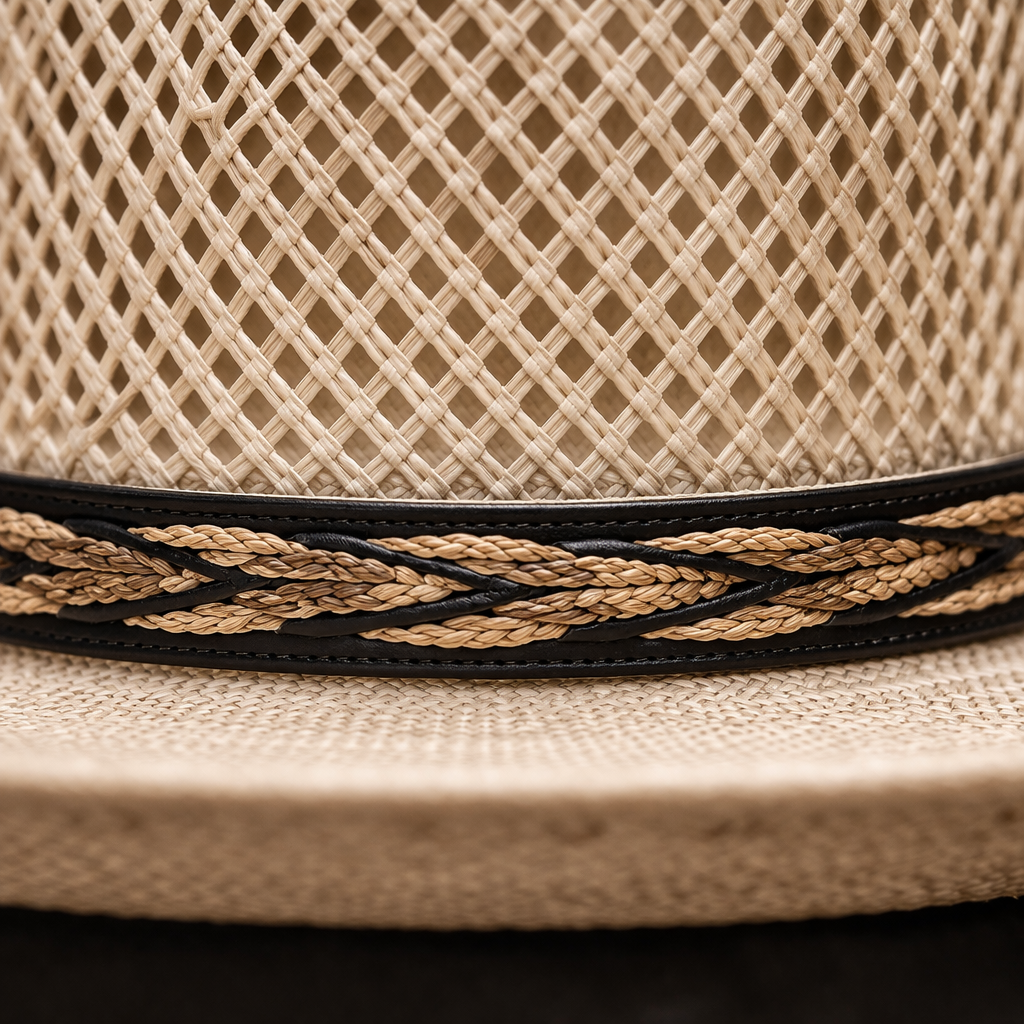 Close-up of a woven straw hat with a braided band