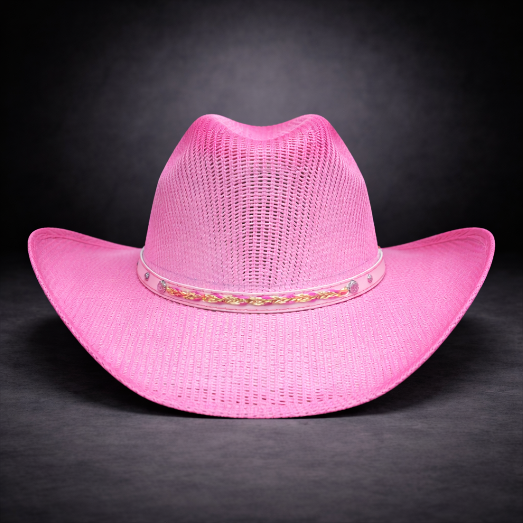 Wild Wild West | Kids Cuadrillé Straw Pink Cowboy Hat | Bolona Crown