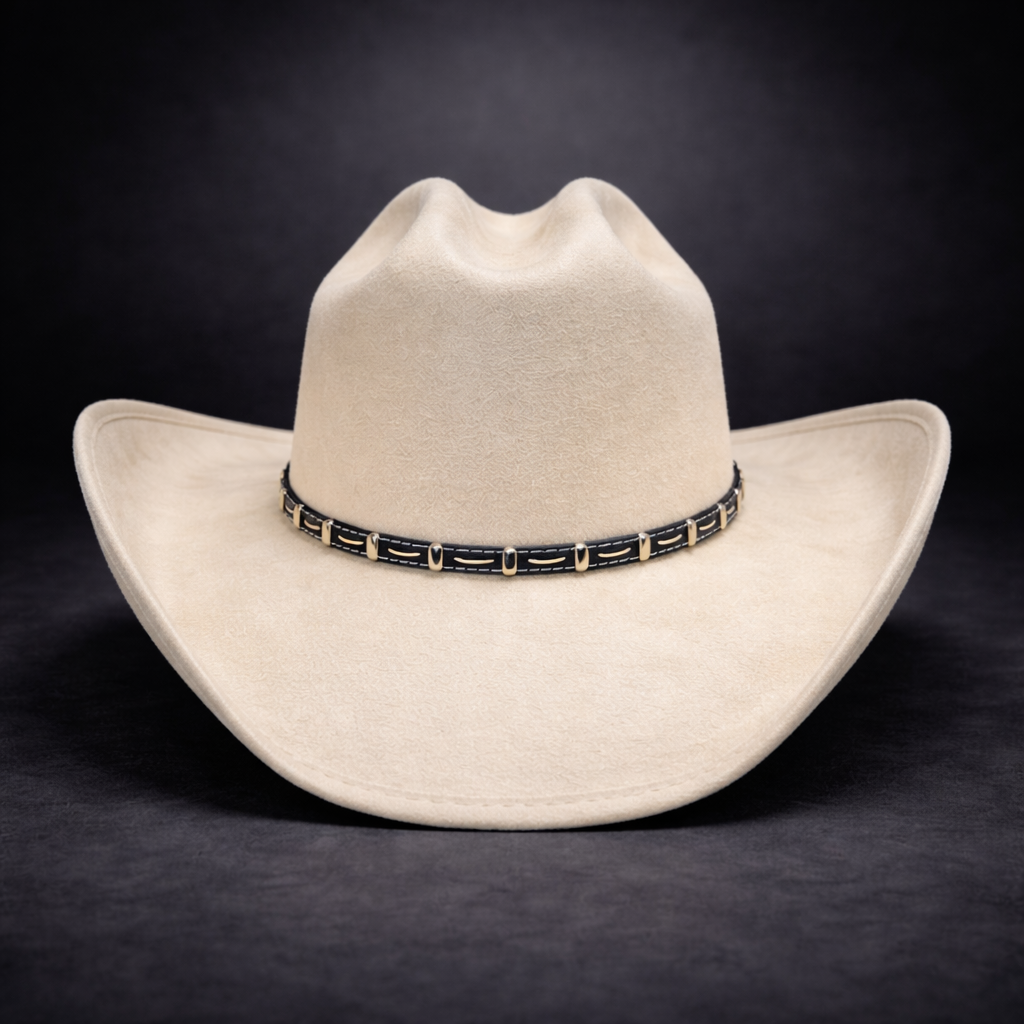 beige cowboy hat with a decorative band on a dark background