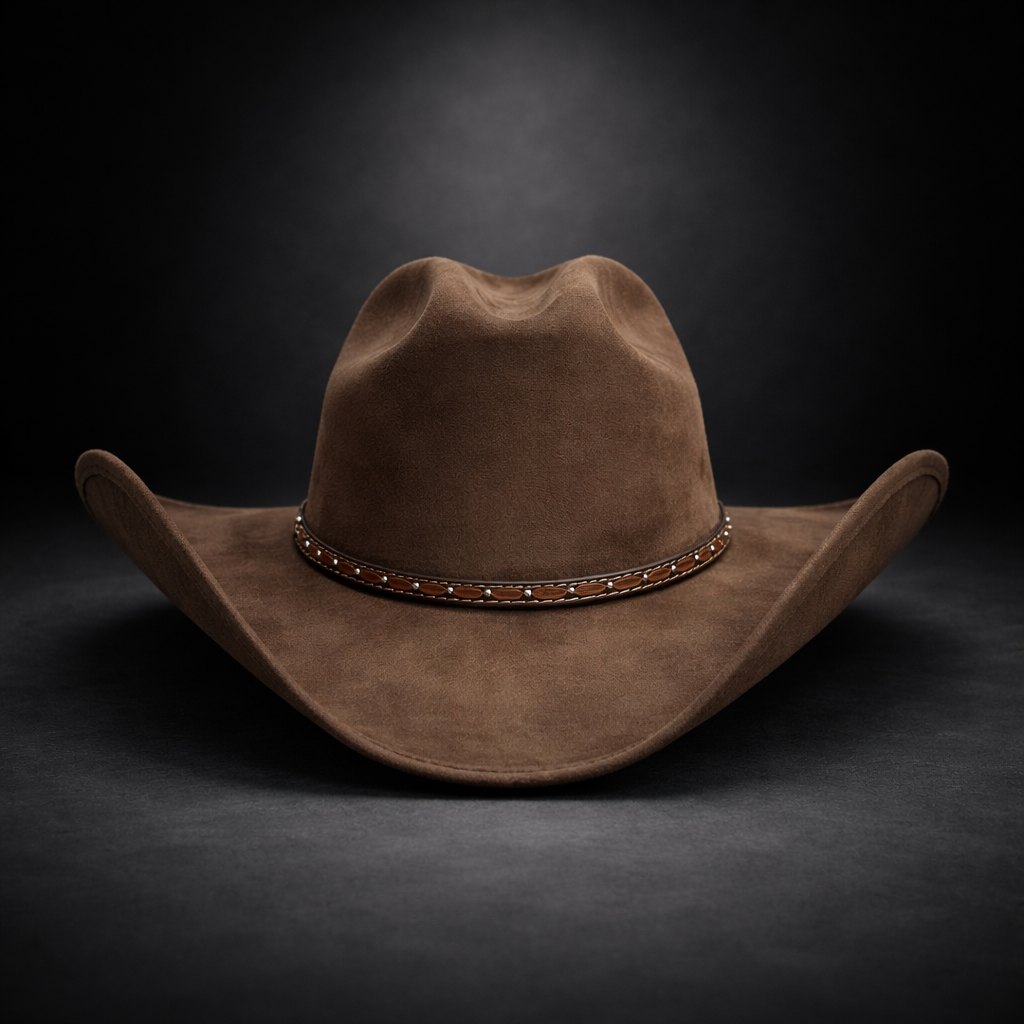 Brown cowboy hat with decorative band on a dark background