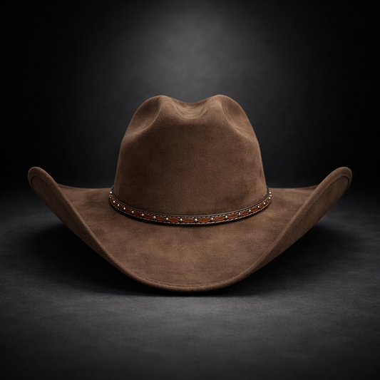 Brown cowboy hat with decorative band on a dark background