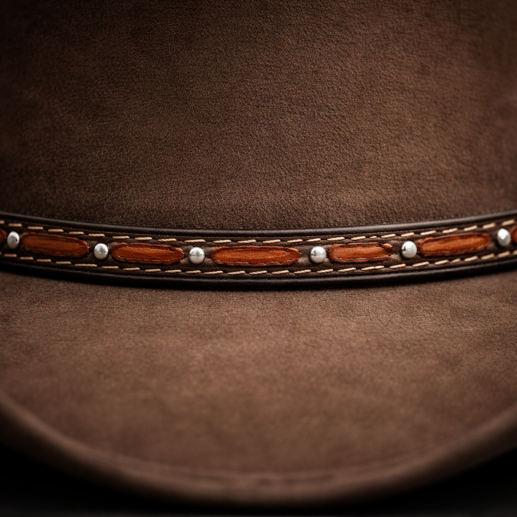 Close-up of a brown leather hat with decorative band
