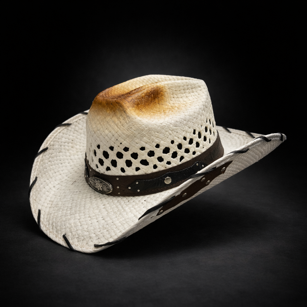 White cowboy hat with black band and leather strap on a black background