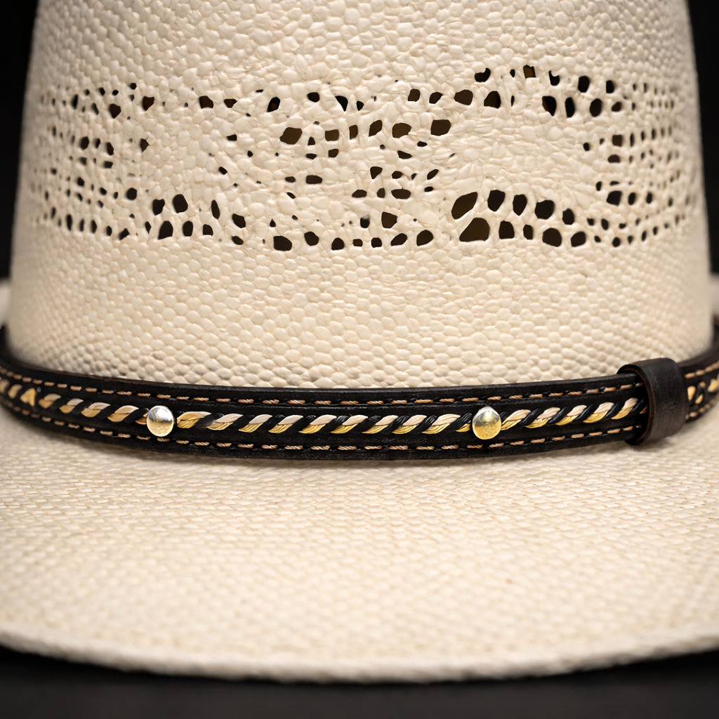 Close-up of a white straw hat with a decorative black and gold band on a dark background