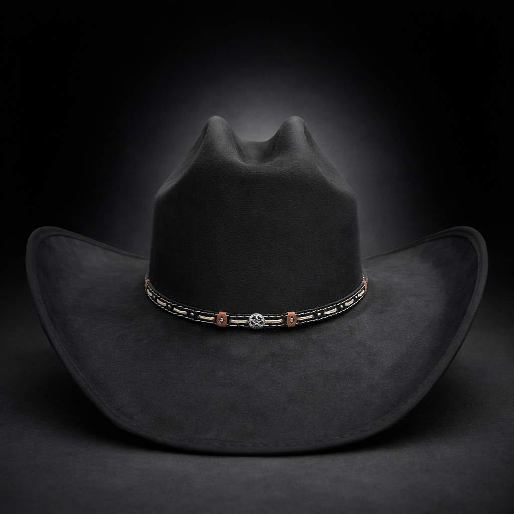 Black cowboy hat with a decorative band on a dark background
