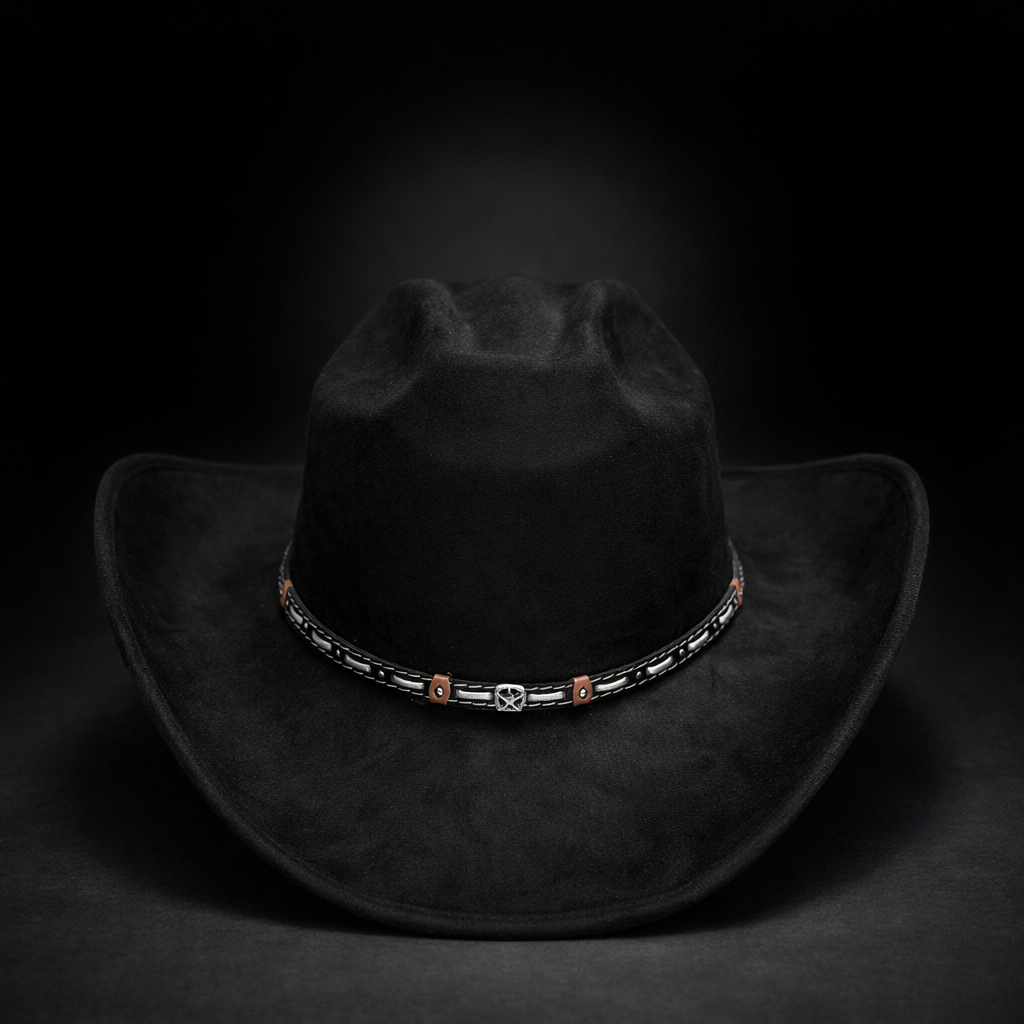 Black cowboy hat with a decorative band on a black background