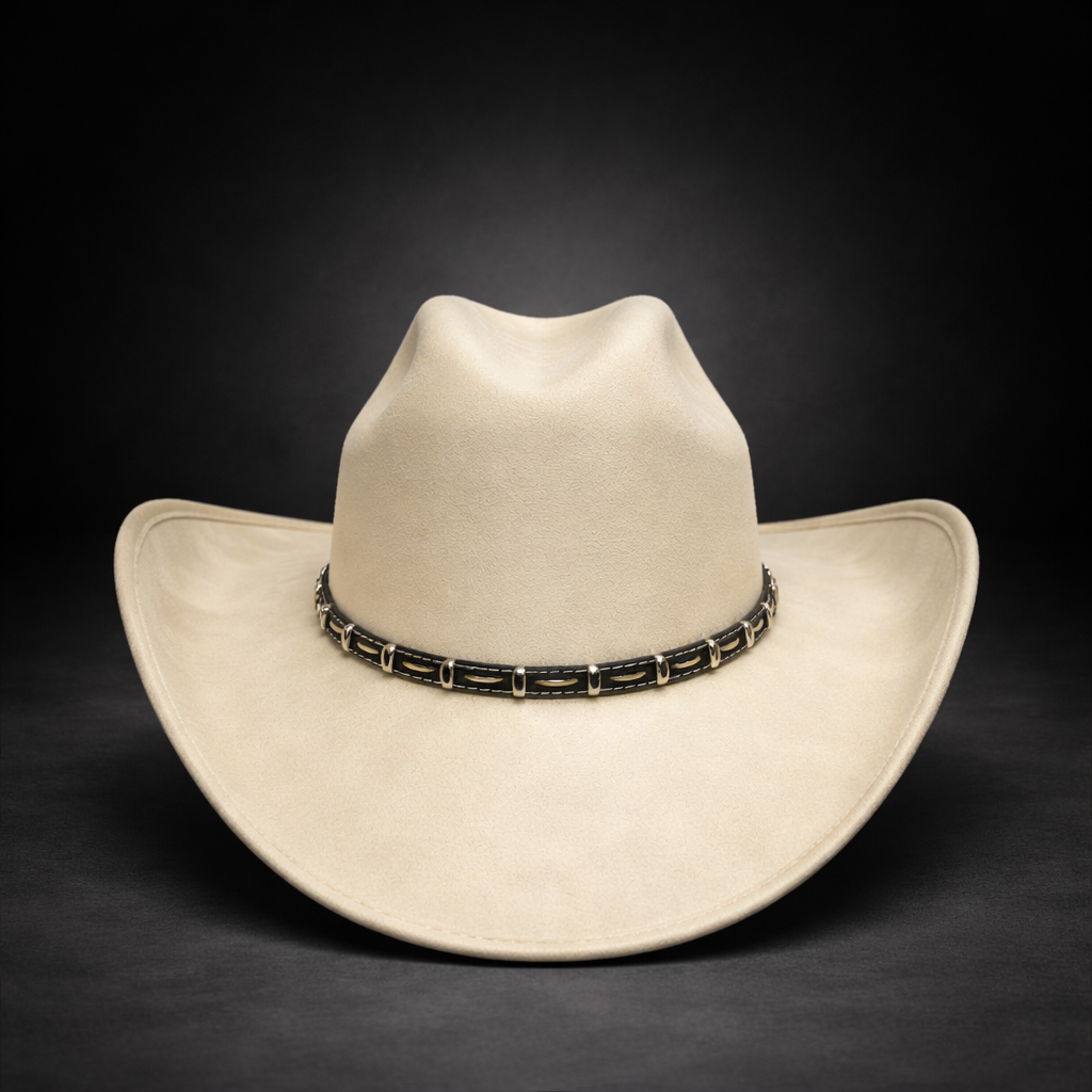 Beige cowboy hat with a decorative band on a black background