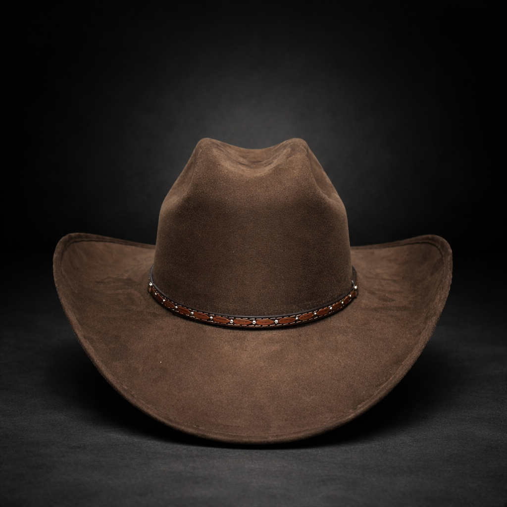Brown cowboy hat with a decorative band on a black background