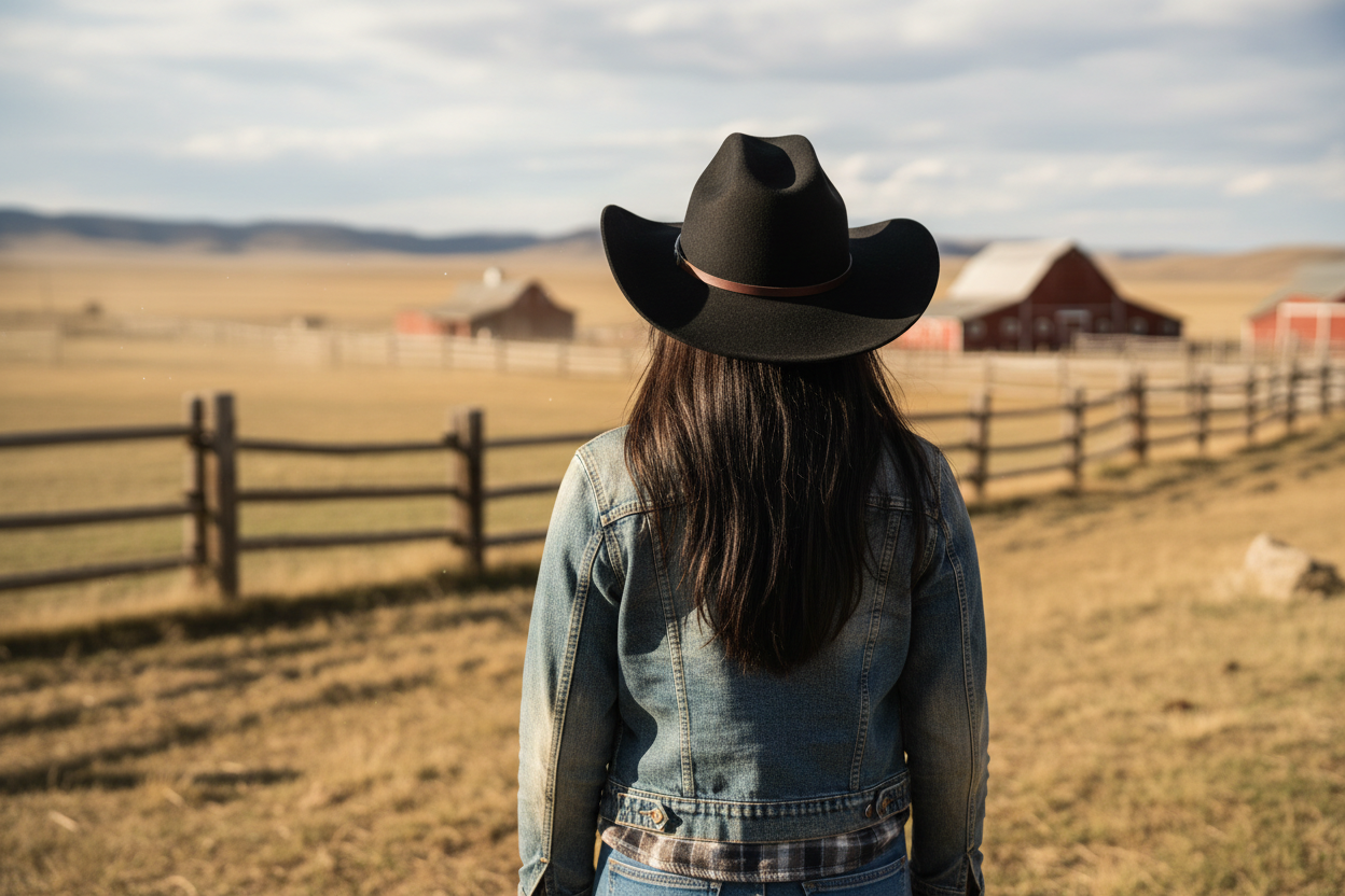 woman wearing black cowboy hat standing on a ranch overlooking the fields and barns